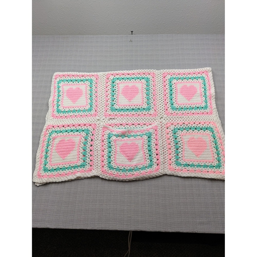 Handmade Crochet Crib Blanket Baby Girls Pink Heart Squares 38x58 Multicolor